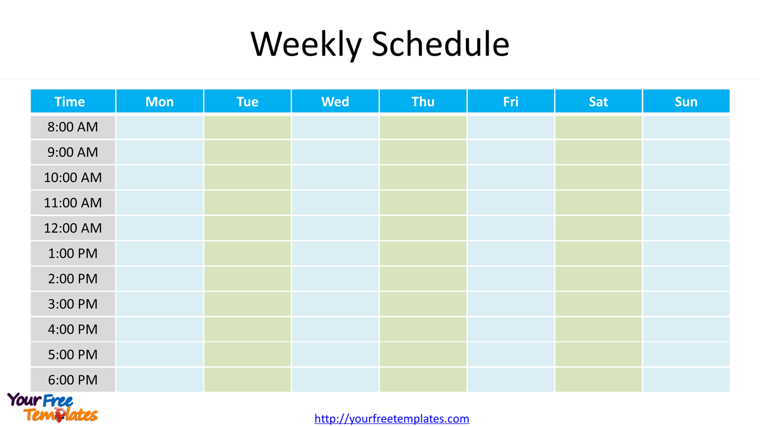 Weekly Schedule Template from eight o’clock am to six pm for seven days