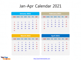 2021 calendar monthly template with four months in one slide