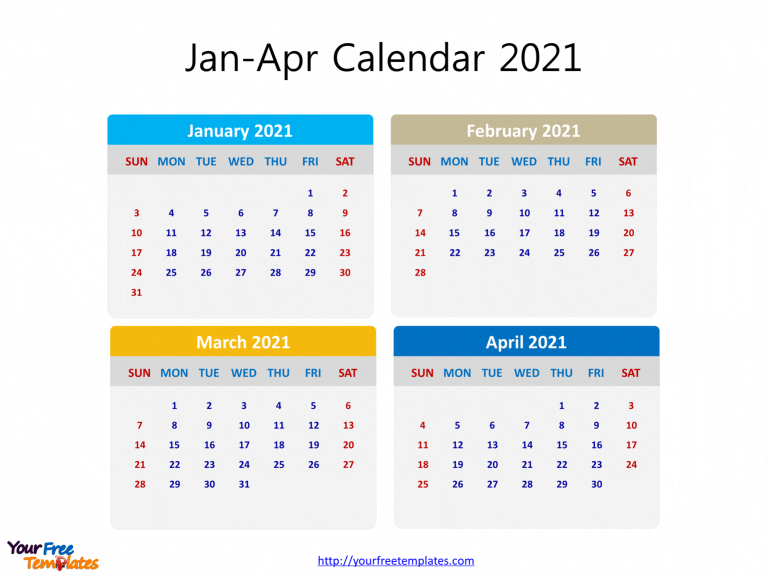 2021 calendar monthly template with four months in one slide