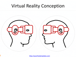 Virtual Reality diagram and icons to demonstrate human being wearing glasses to experience virtual world.
