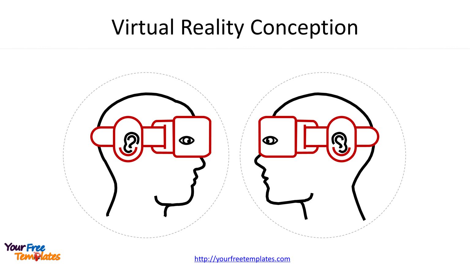 Virtual Reality diagram and icons to demonstrate human being wearing glasses to experience virtual world.