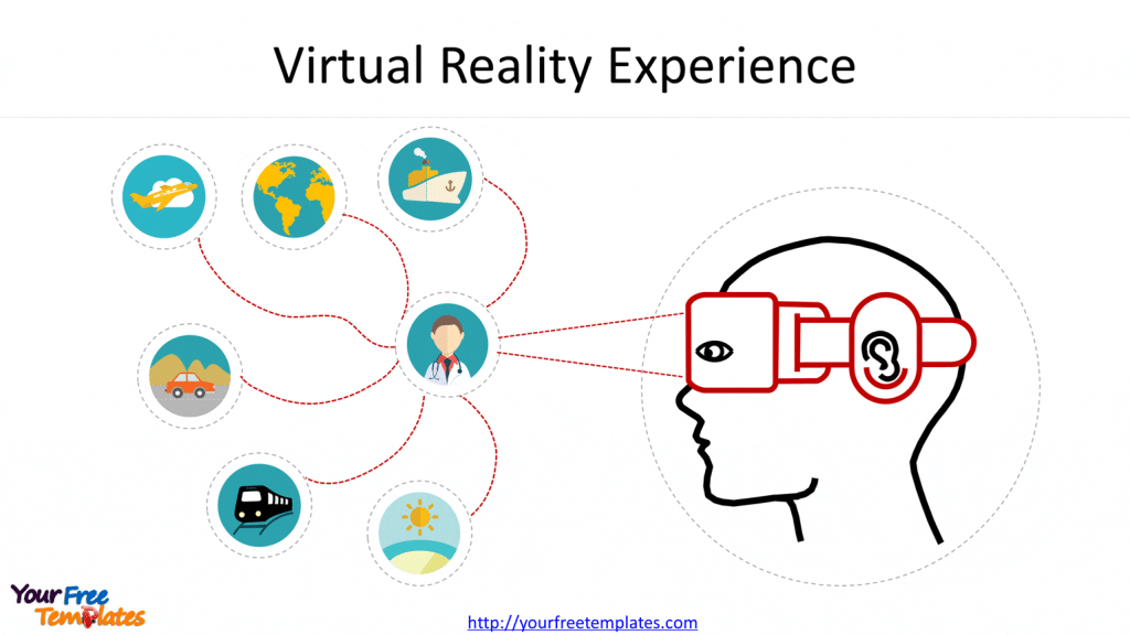 Virtual Reality diagram and icons to demonstrate human being wearing glasses to experience virtual world.