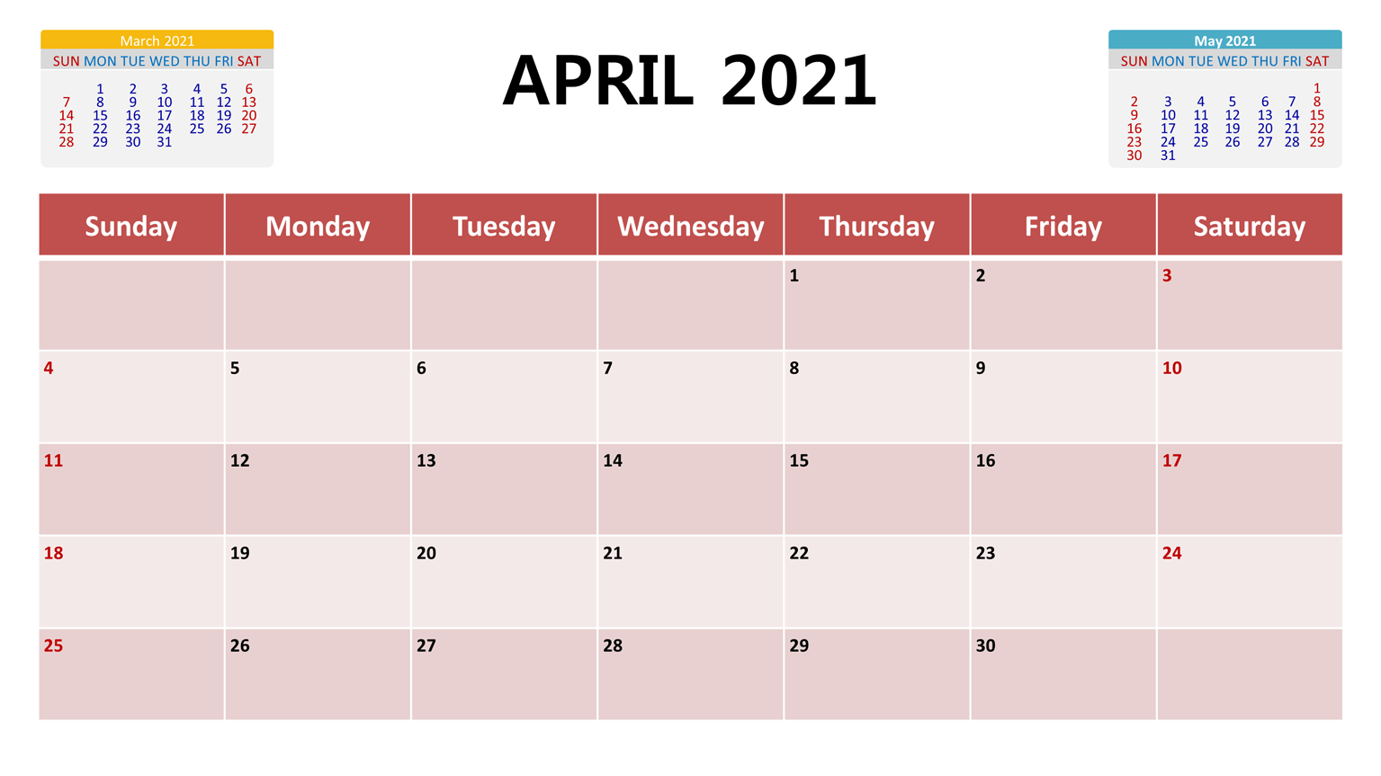 Printable April 2021 calendar template