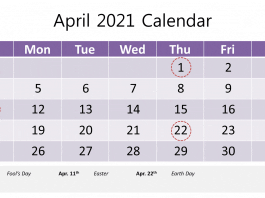 Printable April 2021 calendar template