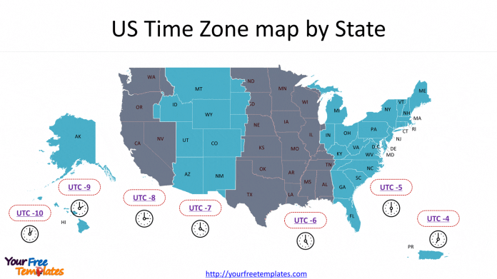 USA Time Zone Map with time zone outlines, major time zones, and with USA map of states