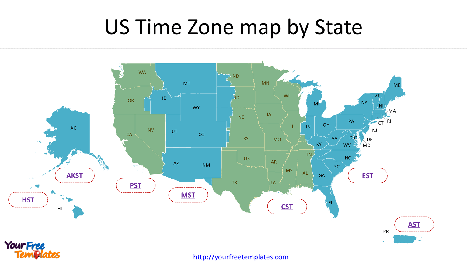 USA Time Zone Map with time zone outlines, major time zones, and with USA map of states