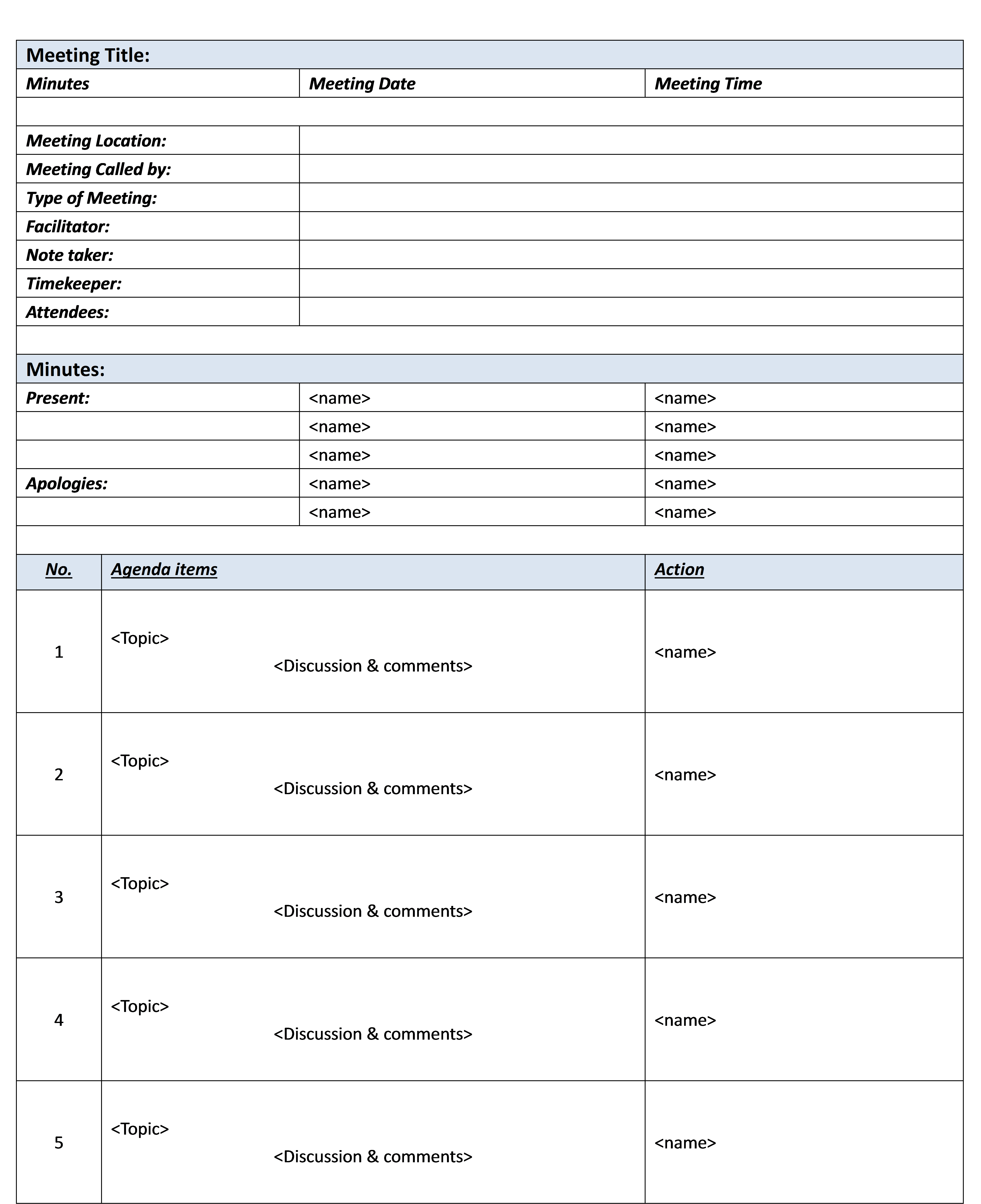 Free Printable Meeting Minutes Template