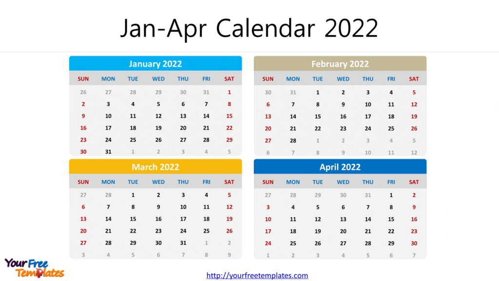 Four Month Calendar 2022 Printable 2022 Calendar Monthly Template - Free Powerpoint Template