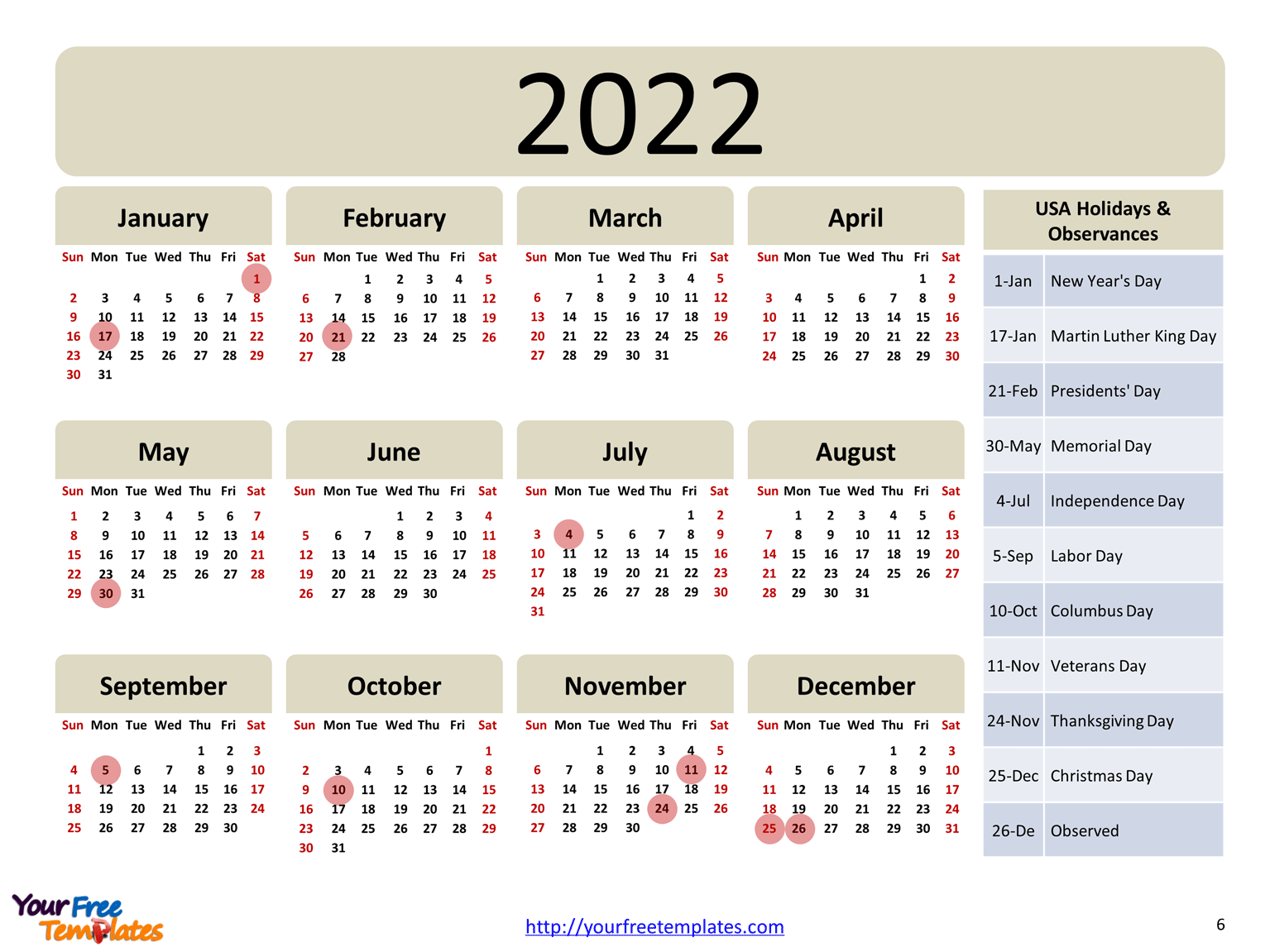 December 2022 Calendar With Holidays Usa Printable Calendar 2022 Template - Free Powerpoint Template