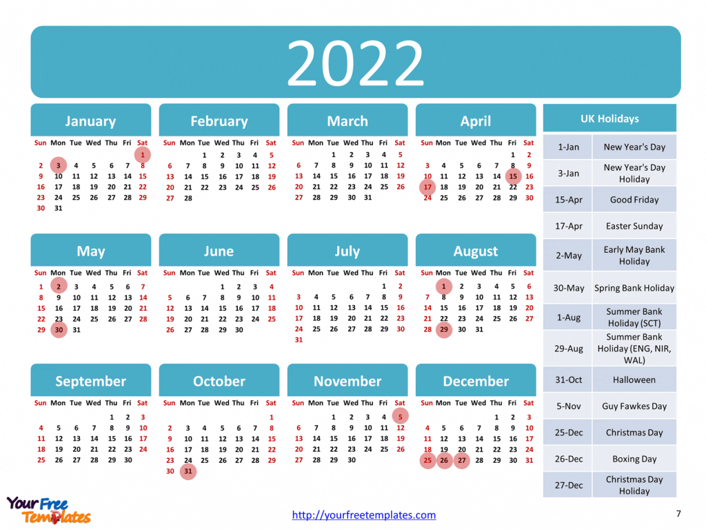 free printable calendar 2022 with UK holidays