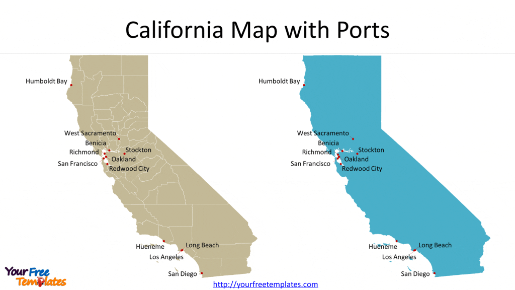 California Map with Ports on blank outline map or counties map