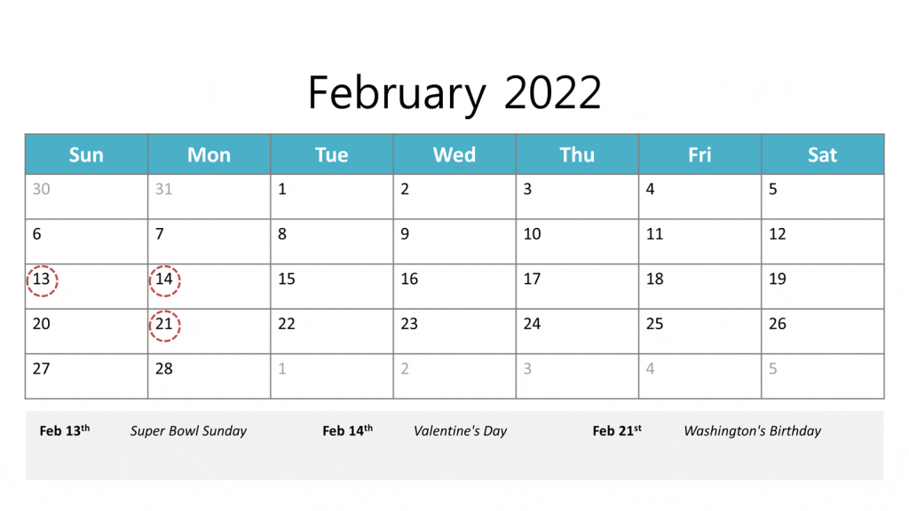 February 2022 calendar with holidays