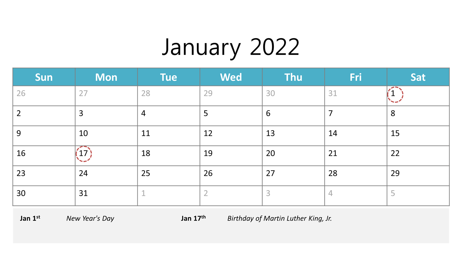 January 2022 calendar Printable