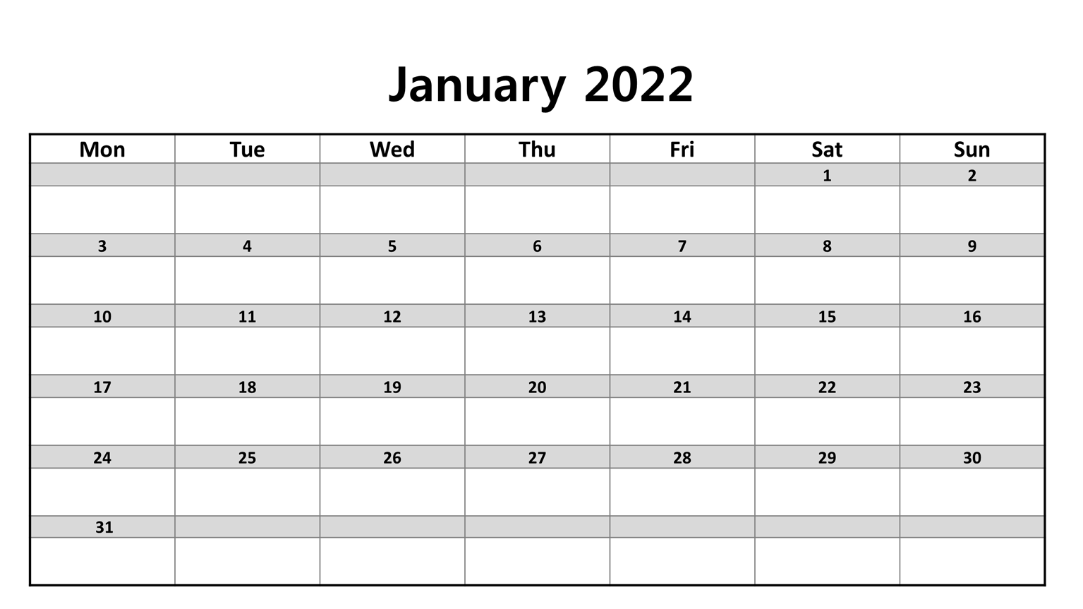 January 2022 calendar Printable