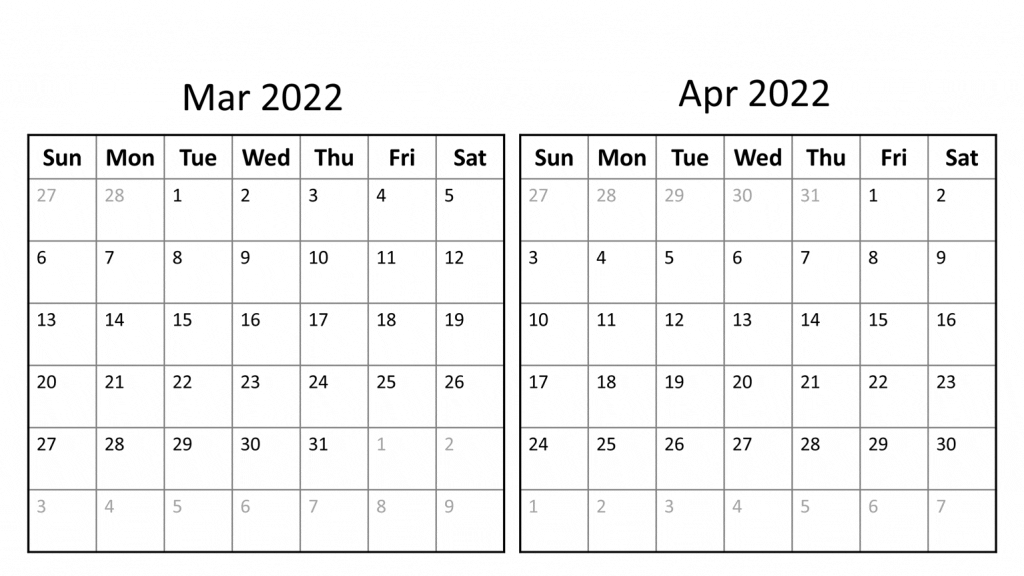 March April 2022 calendar