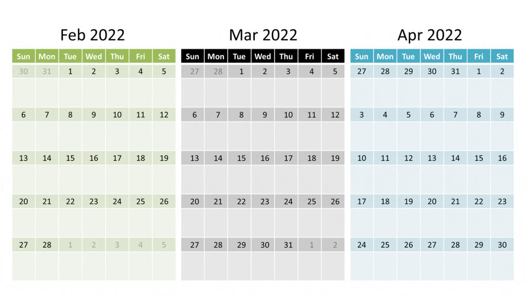February March April 2022 calendar