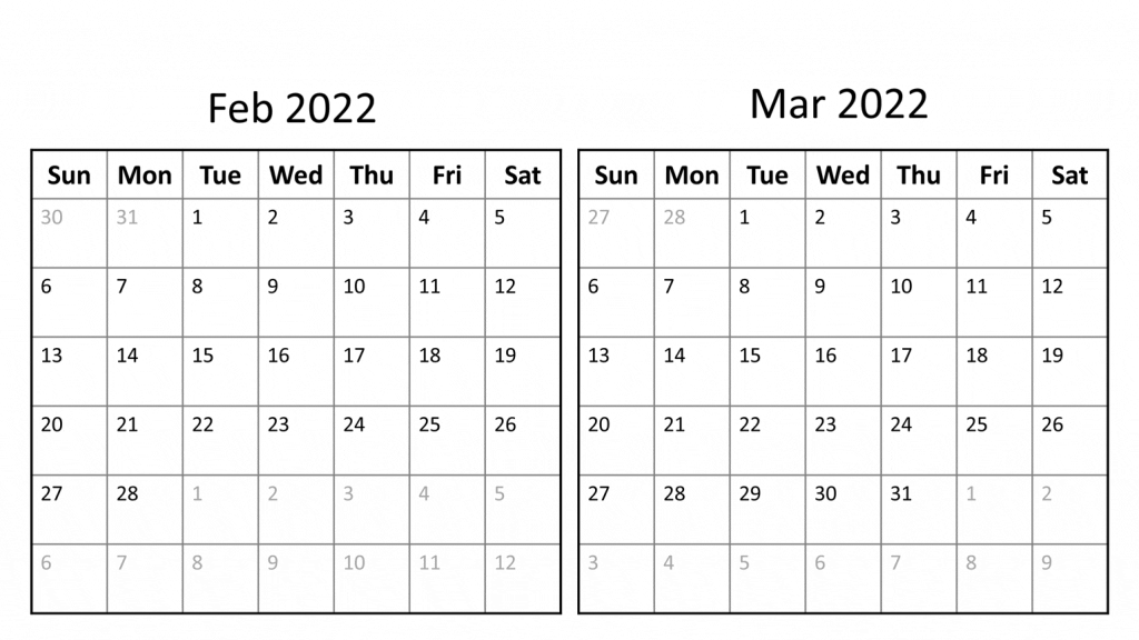 February March 2022 calendar