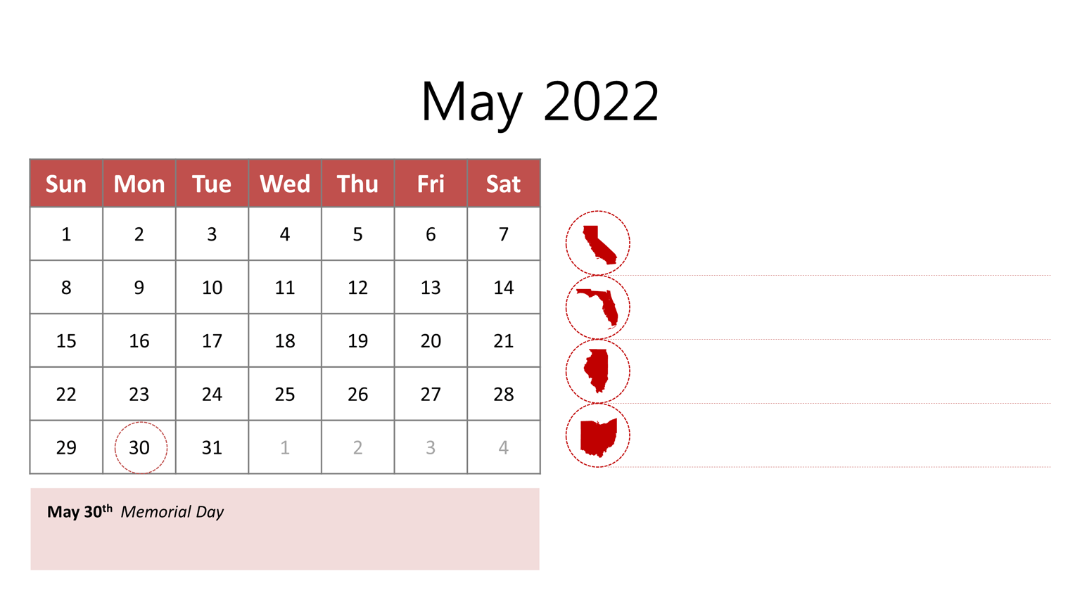 Memorial Day 2022 Calendar May 2022 Calendar Printable - Free Powerpoint Template