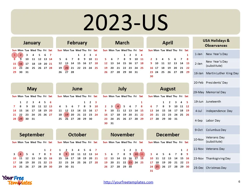 2023 calendar with holidays printable