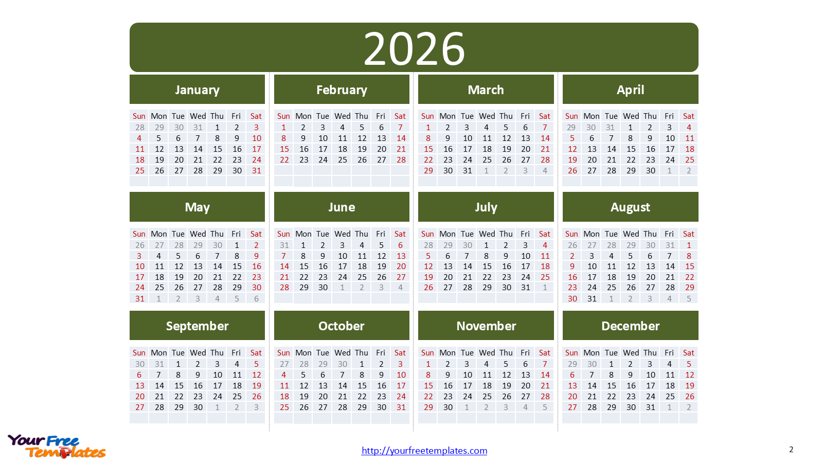 2026 calendar