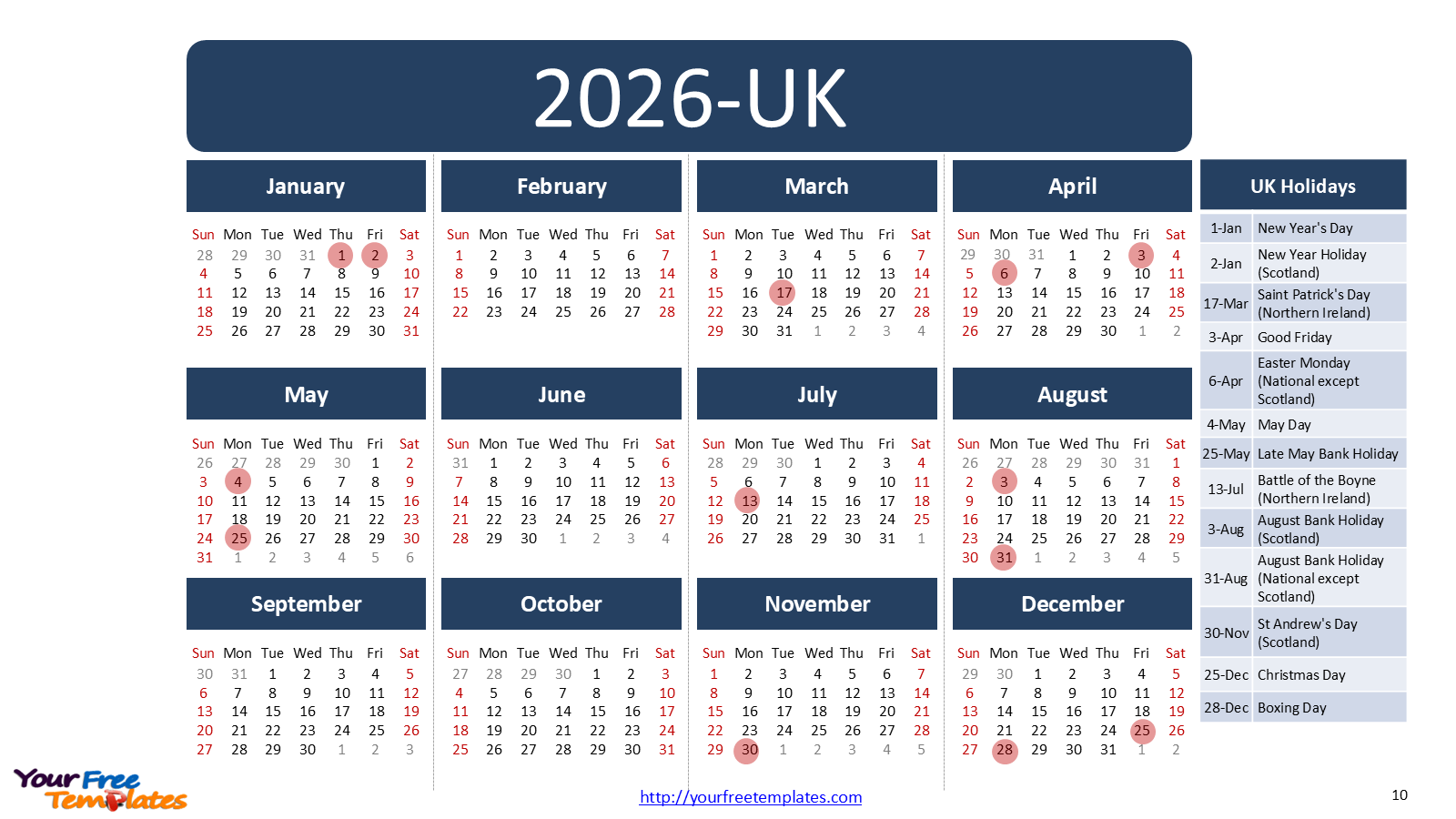2026 calendar with holidays printable