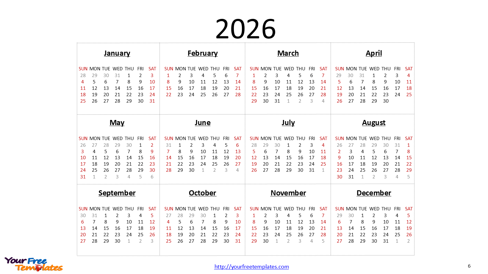 calendar 2026 printable