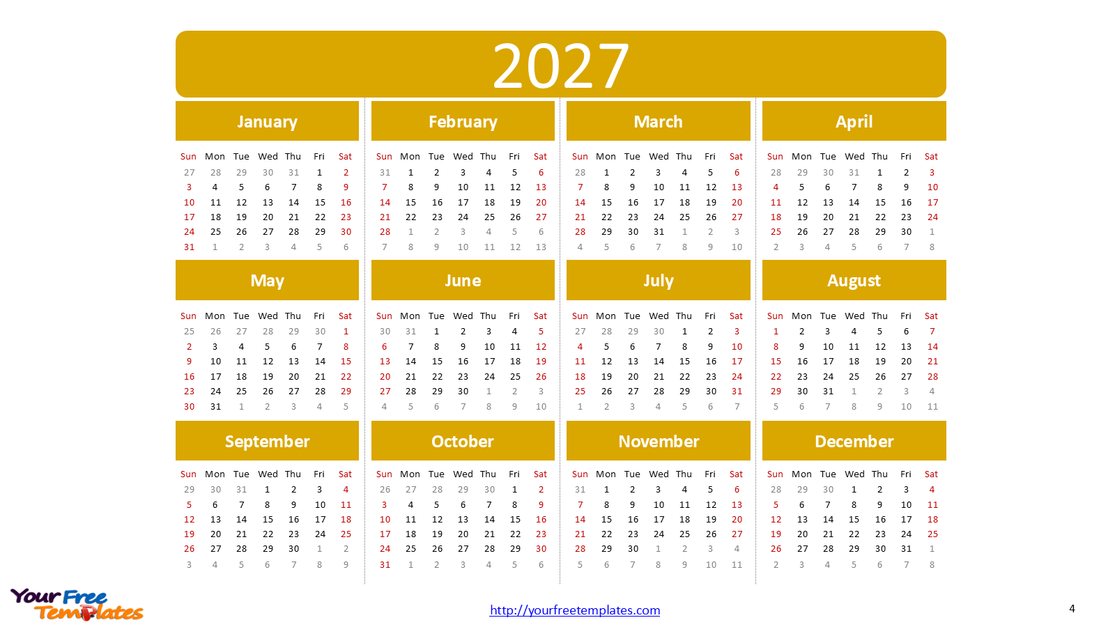2027 Calendar Template for PowerPoint – 10-Slide Deck with Fortune Colors & National Holidays 21 2027 calendar template