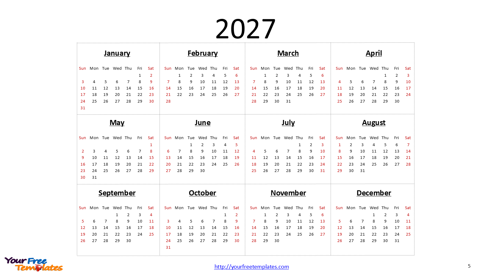 2027 Calendar Template for PowerPoint – 10-Slide Deck with Fortune Colors & National Holidays 26 free calendar slides