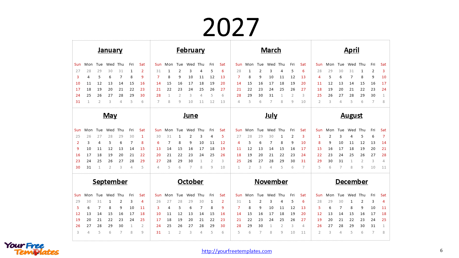 2027 Calendar Template for PowerPoint – 10-Slide Deck with Fortune Colors & National Holidays 27 free calendar slides