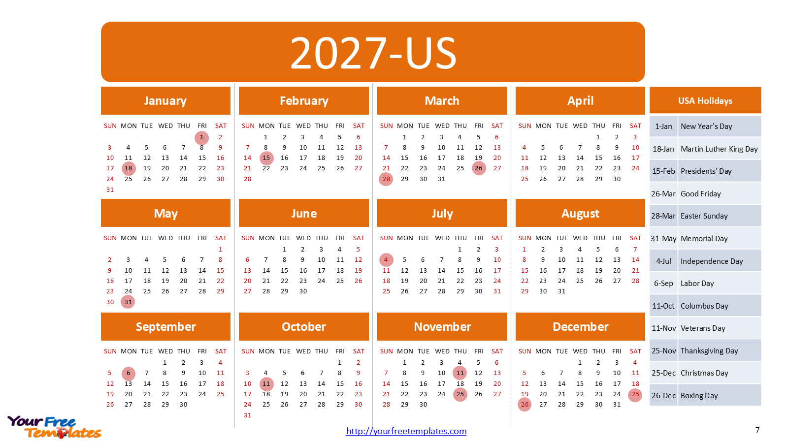 PowerPoint calendar 2027