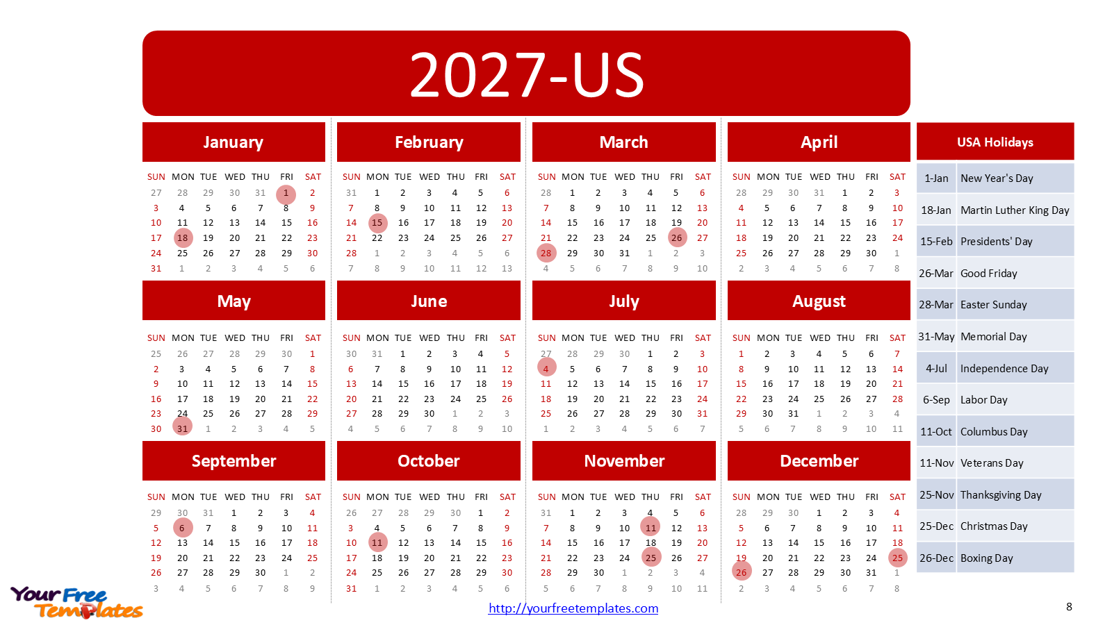2027 Calendar Template for PowerPoint – 10-Slide Deck with Fortune Colors & National Holidays 23 PowerPoint calendar 2027