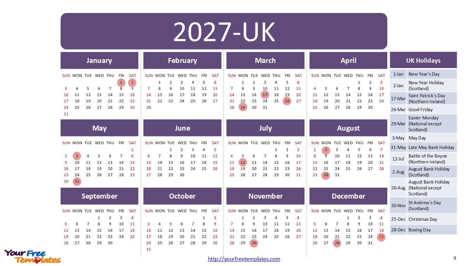 2027 Calendar Template for PowerPoint – 10-Slide Deck with Fortune Colors & National Holidays 25 PowerPoint calendar 2027